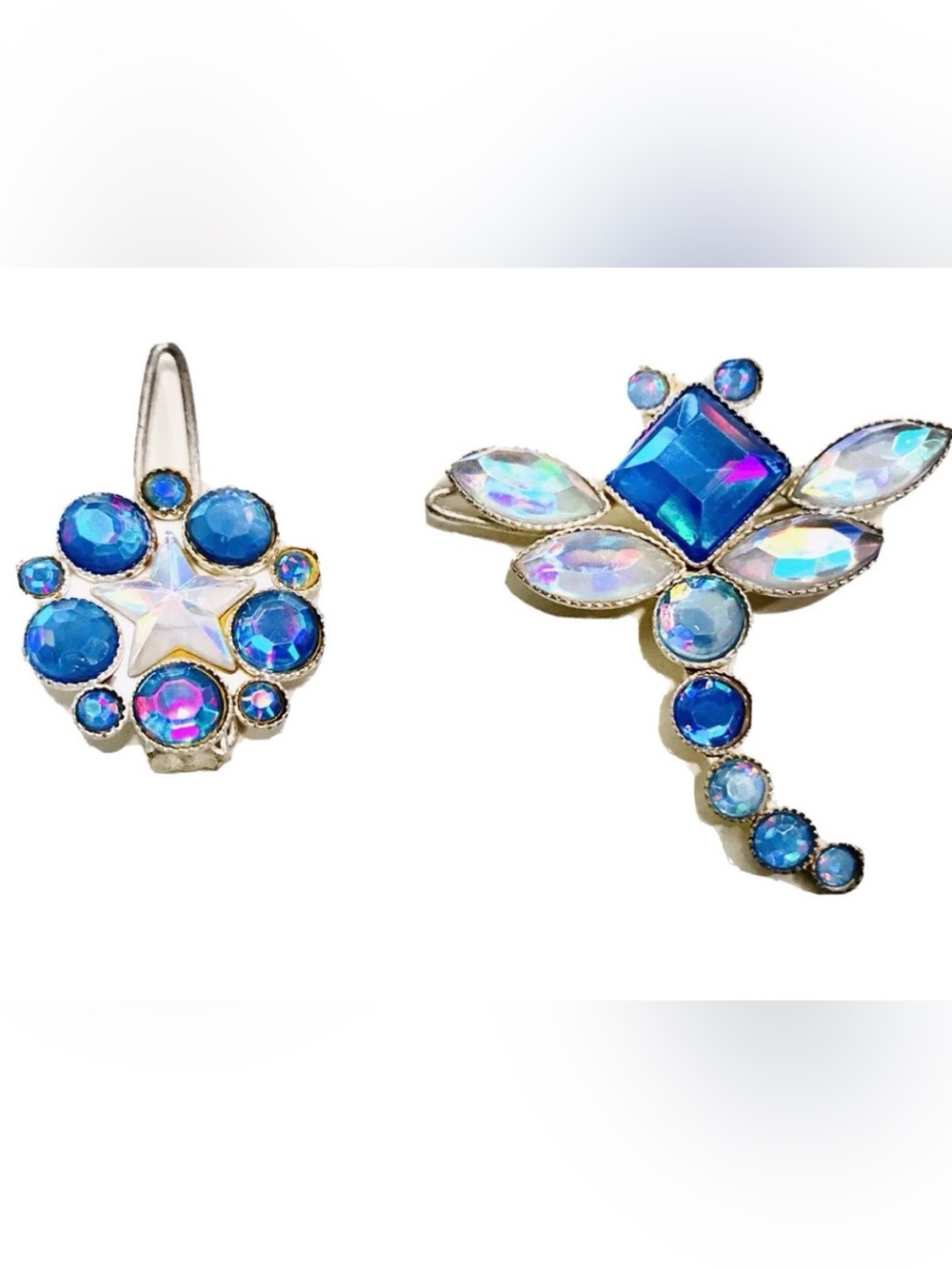 Dragonfly & Star Crystal Vintage 90’s Blue & White Fantasy Celestial Hair Clips